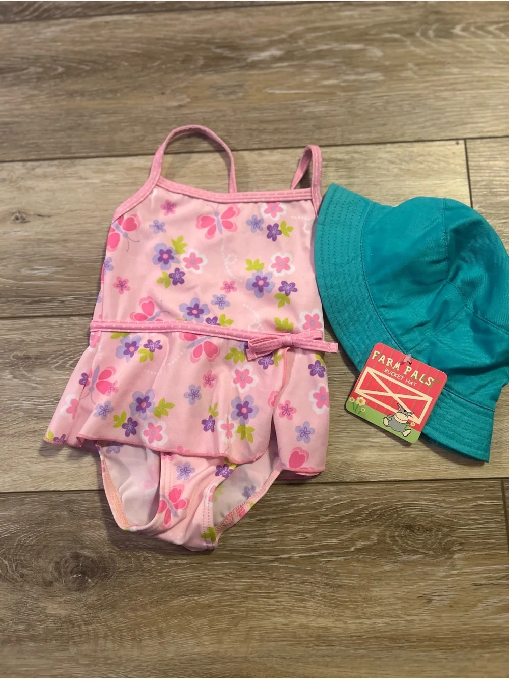 Target Pink Floral One-Piece Swimsuit with Teal Bucket Hat